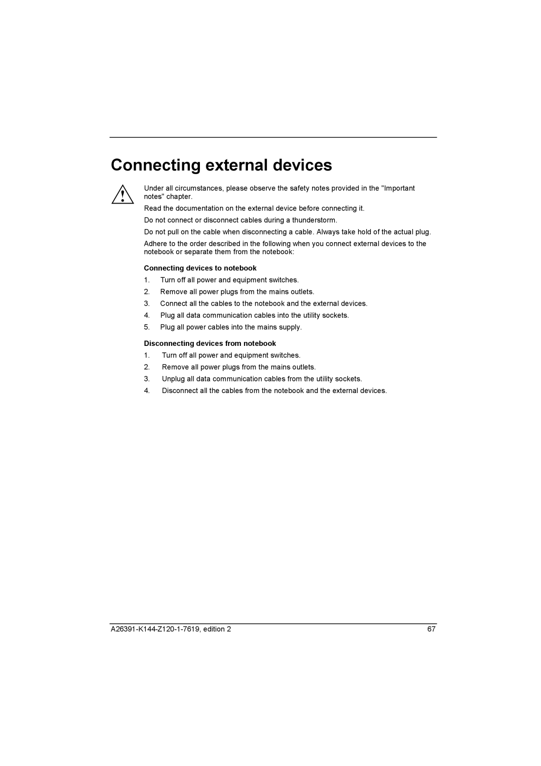 Fujitsu S SERIES manual Connecting external devices, Connecting devices to notebook, Disconnecting devices from notebook 