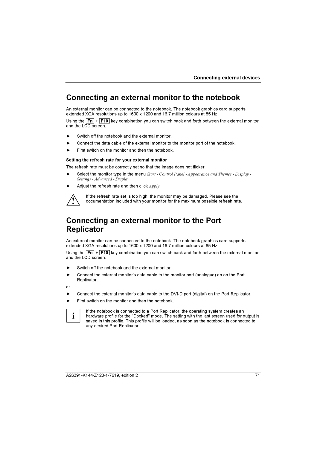 Fujitsu S SERIES Connecting an external monitor to the notebook, Connecting an external monitor to the Port Replicator 