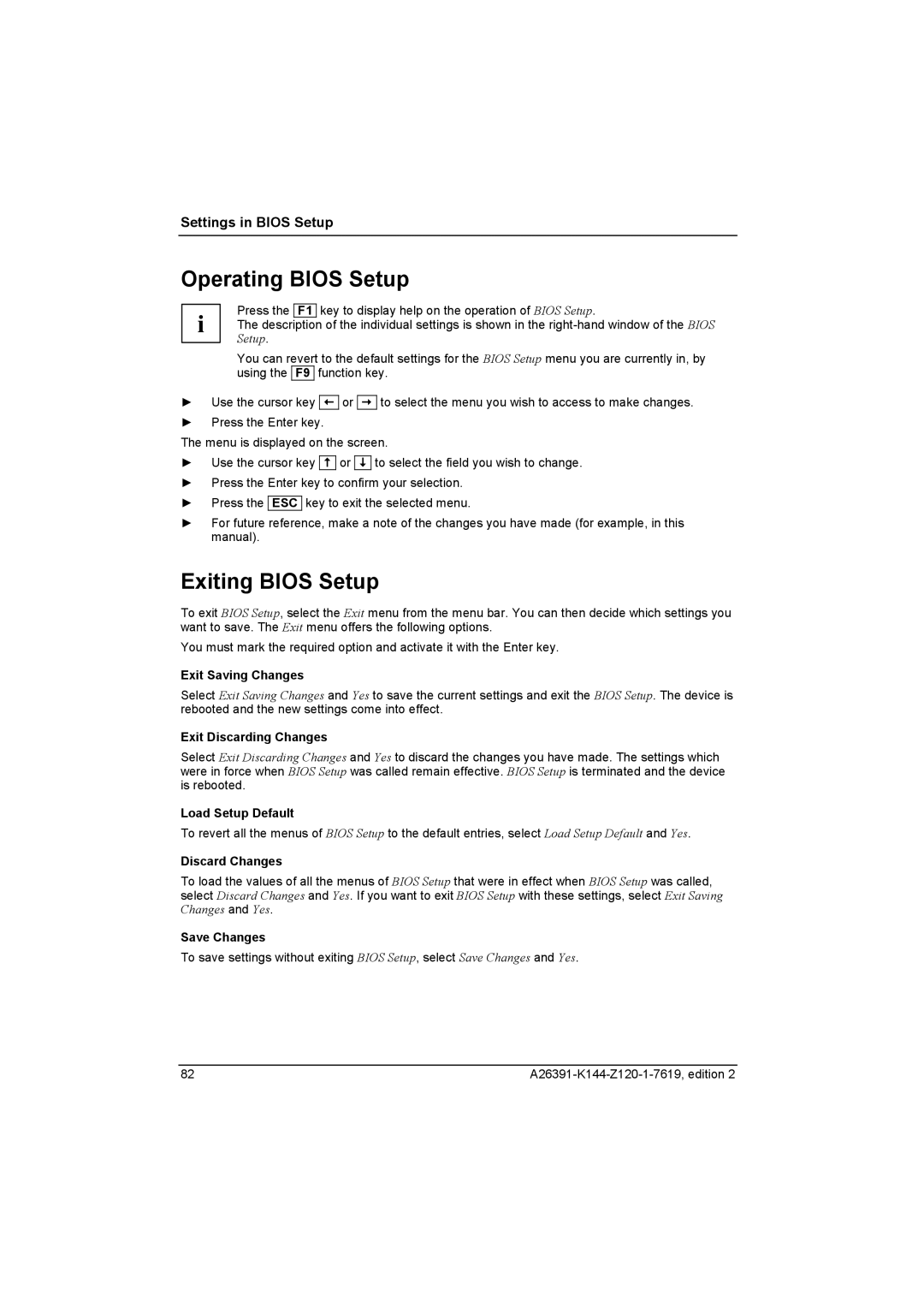 Fujitsu S SERIES manual Operating Bios Setup, Exiting Bios Setup 