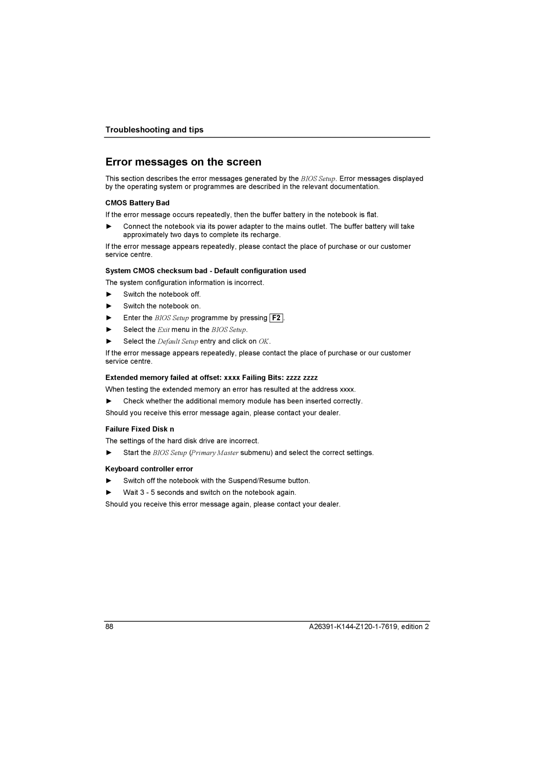 Fujitsu S SERIES manual Error messages on the screen, Cmos Battery Bad, System Cmos checksum bad Default configuration used 