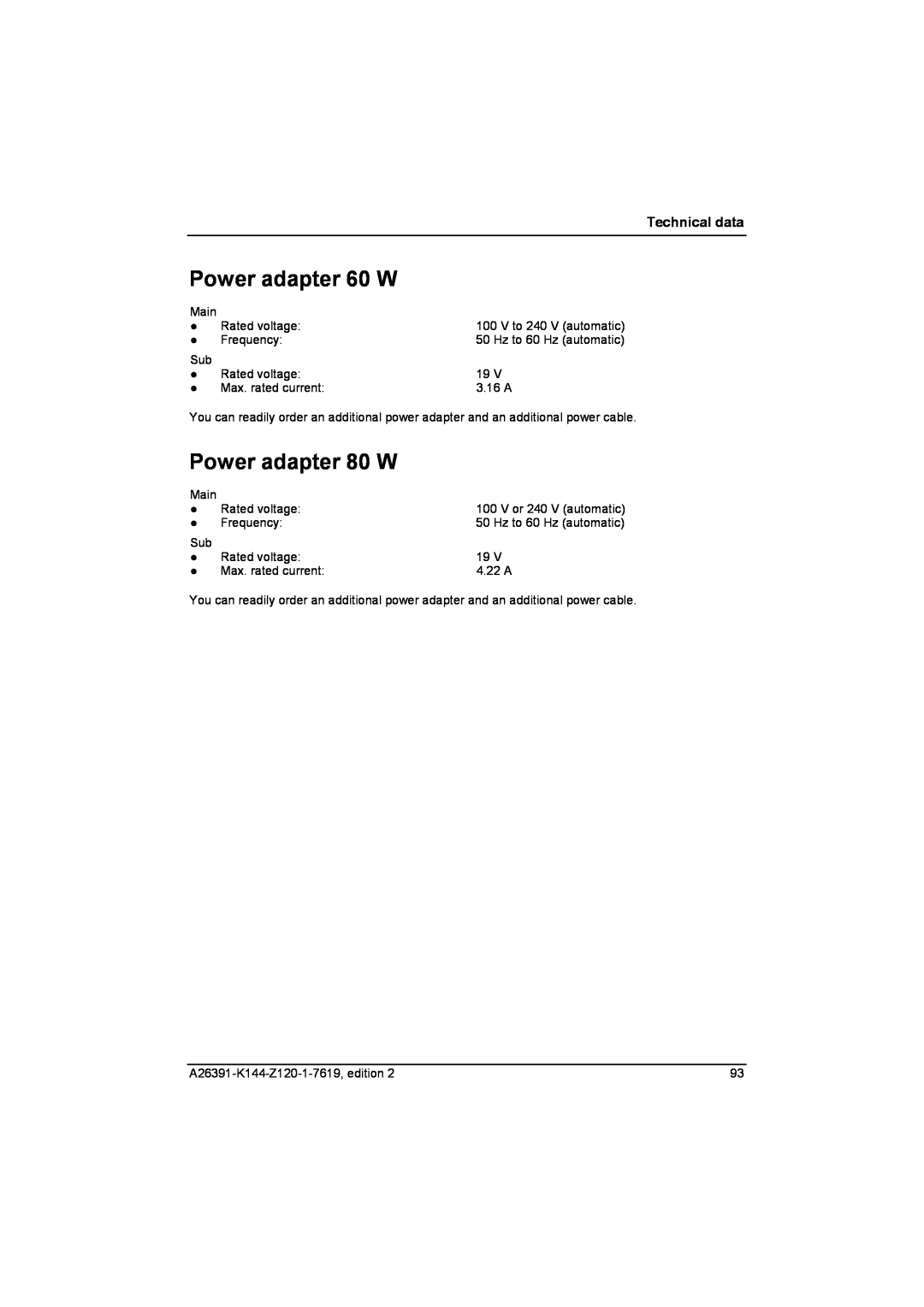 Fujitsu S SERIES manual Power adapter 60 W, Power adapter 80 W, Technical data, V to 240 V automatic, V or 240 V automatic 