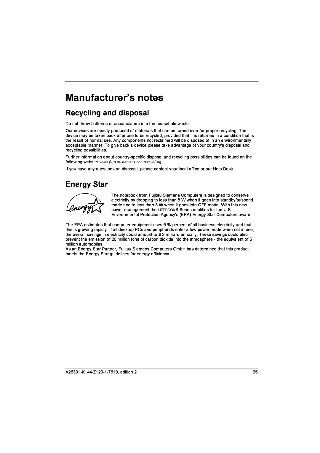 Fujitsu S SERIES manual Manufacturer’s notes, Recycling and disposal, Energy Star 