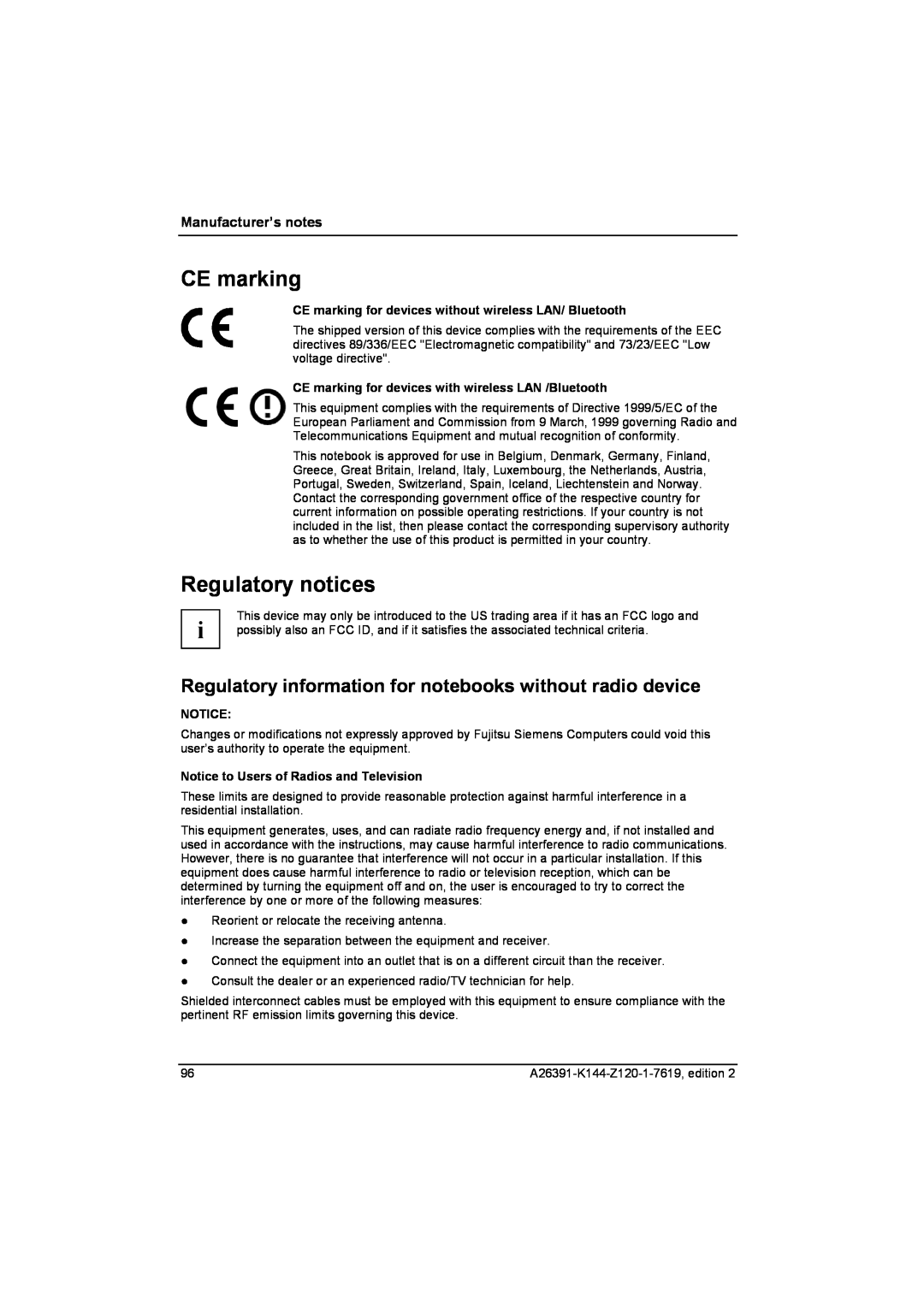 Fujitsu S SERIES manual CE marking, Regulatory notices, Regulatory information for notebooks without radio device 
