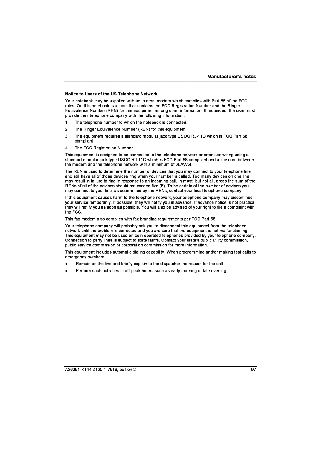 Fujitsu S SERIES manual Notice to Users of the US Telephone Network, Manufacturer’s notes 