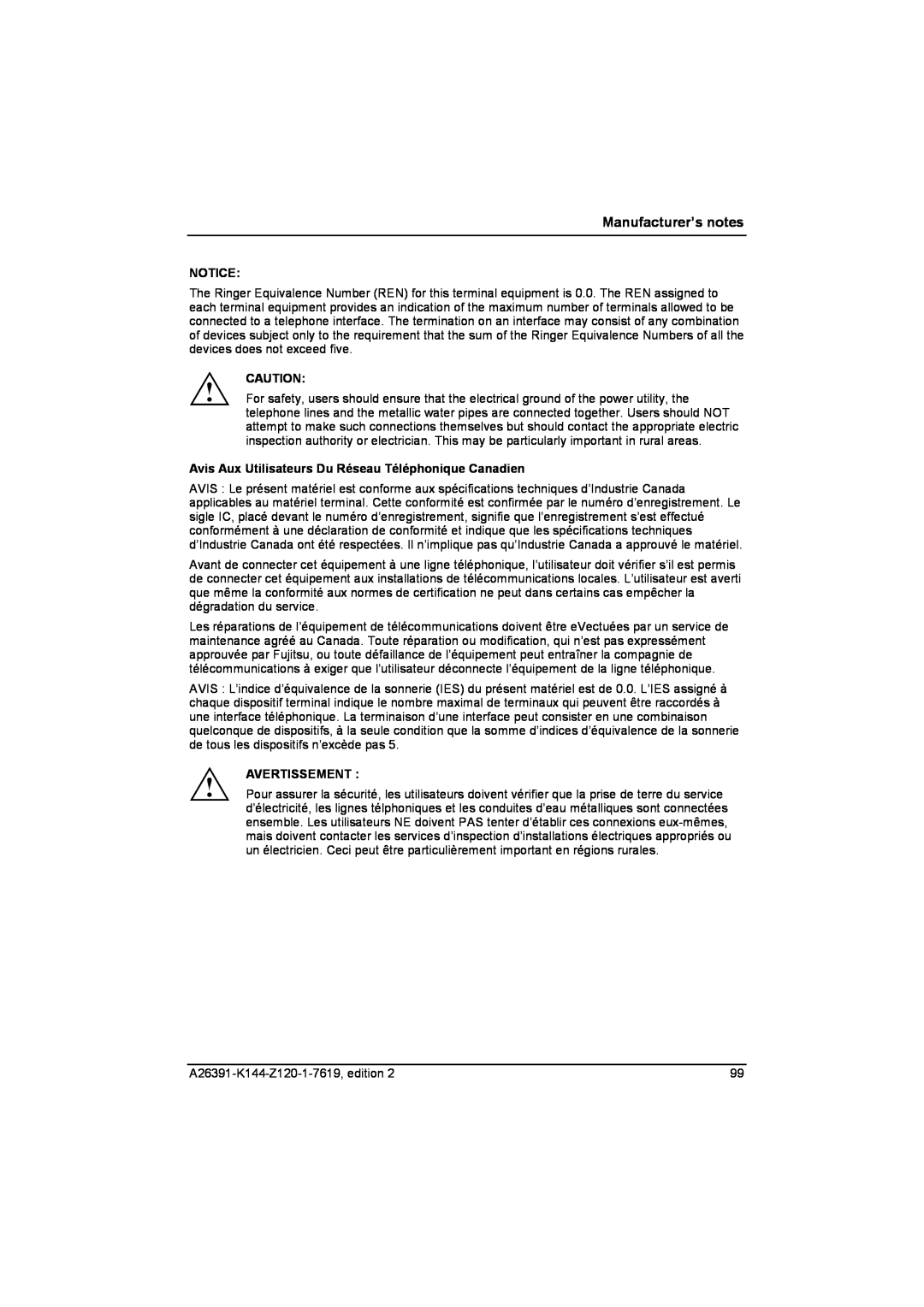 Fujitsu S SERIES manual Avis Aux Utilisateurs Du Réseau Téléphonique Canadien, Avertissement, Manufacturer’s notes 