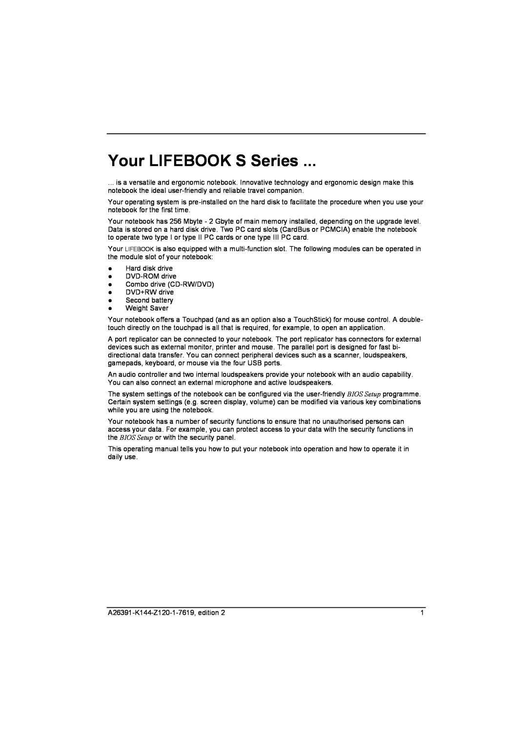 Fujitsu S SERIES manual Your LIFEBOOK S Series 
