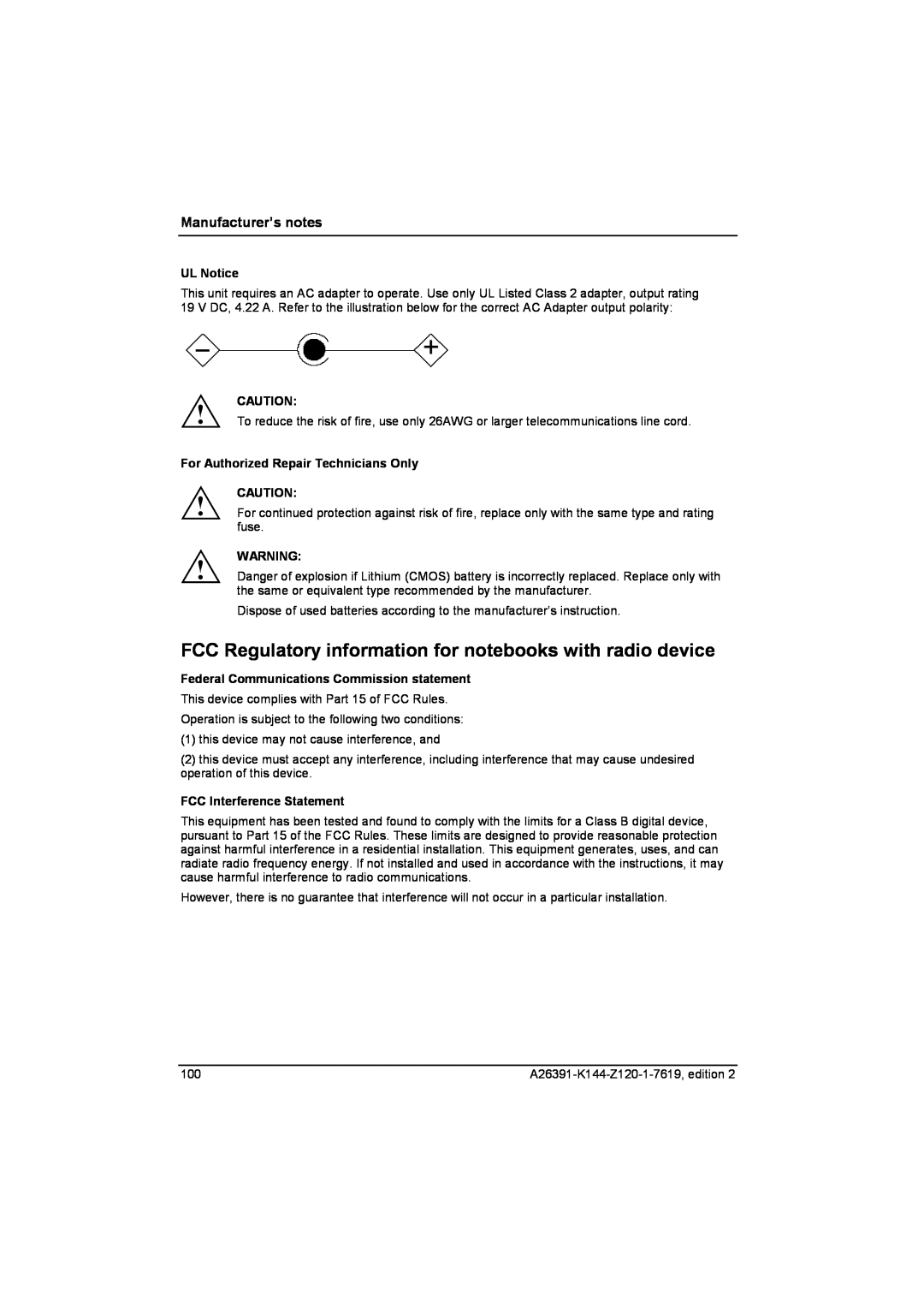 Fujitsu S SERIES manual FCC Regulatory information for notebooks with radio device, UL Notice, FCC Interference Statement 