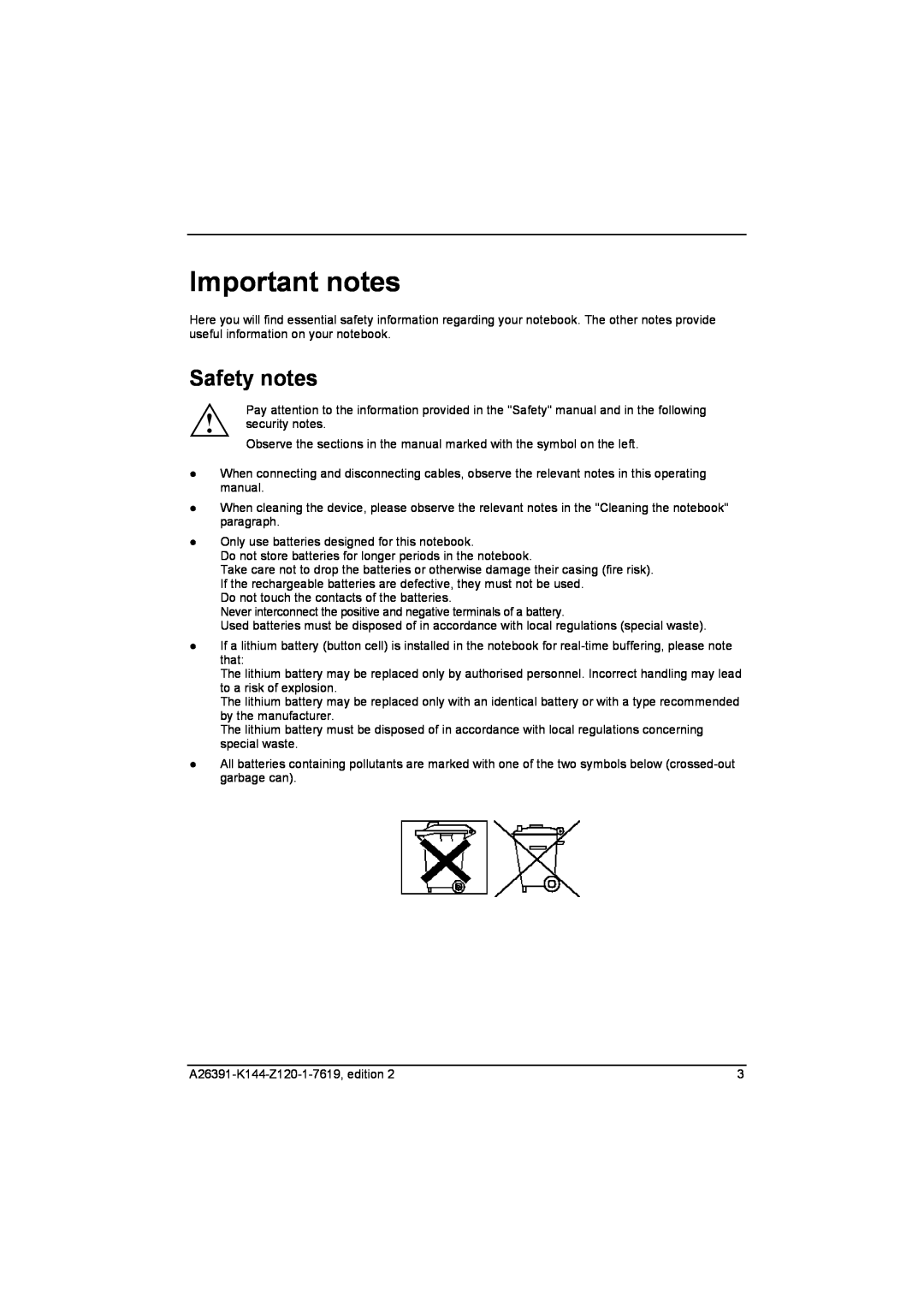 Fujitsu S SERIES manual Important notes, Safety notes 