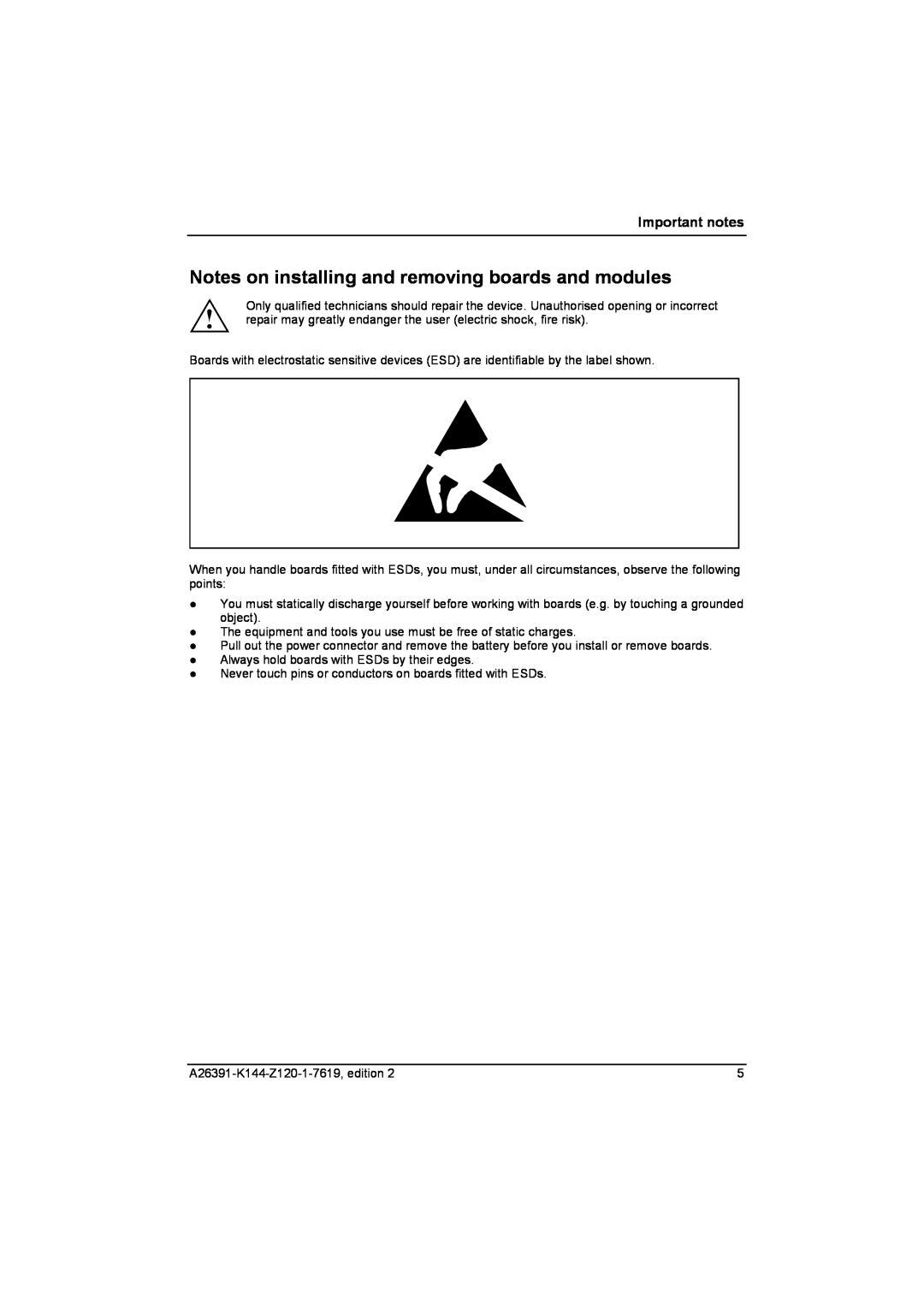 Fujitsu S SERIES manual Notes on installing and removing boards and modules, Important notes 