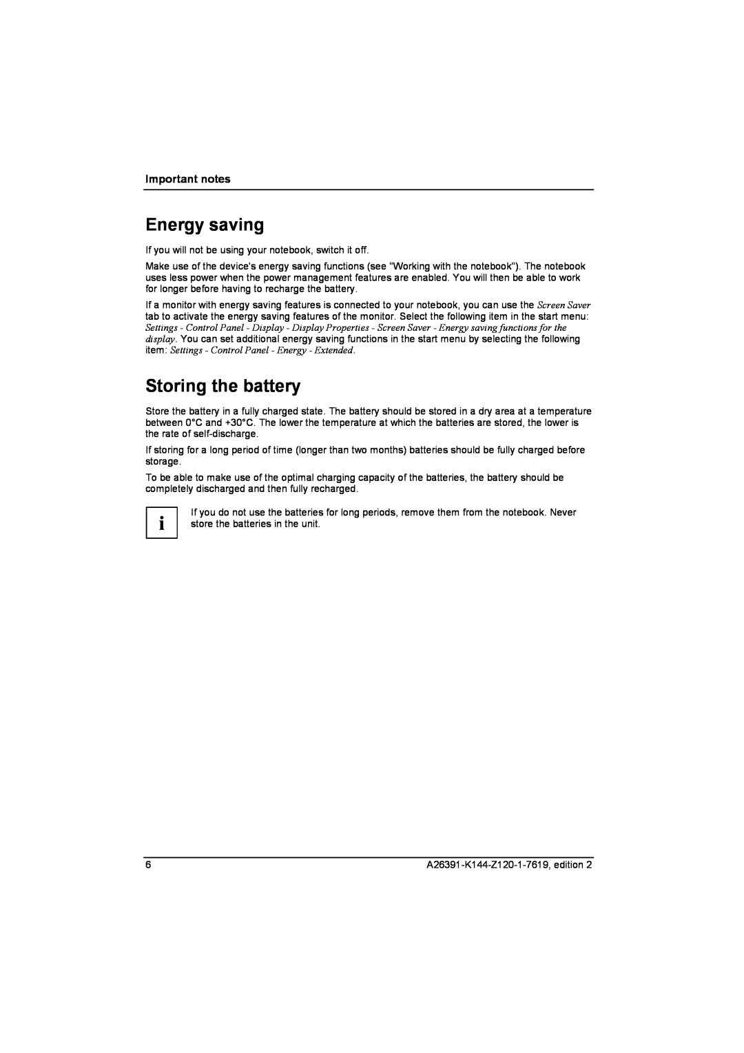 Fujitsu S SERIES manual Energy saving, Storing the battery, Important notes 