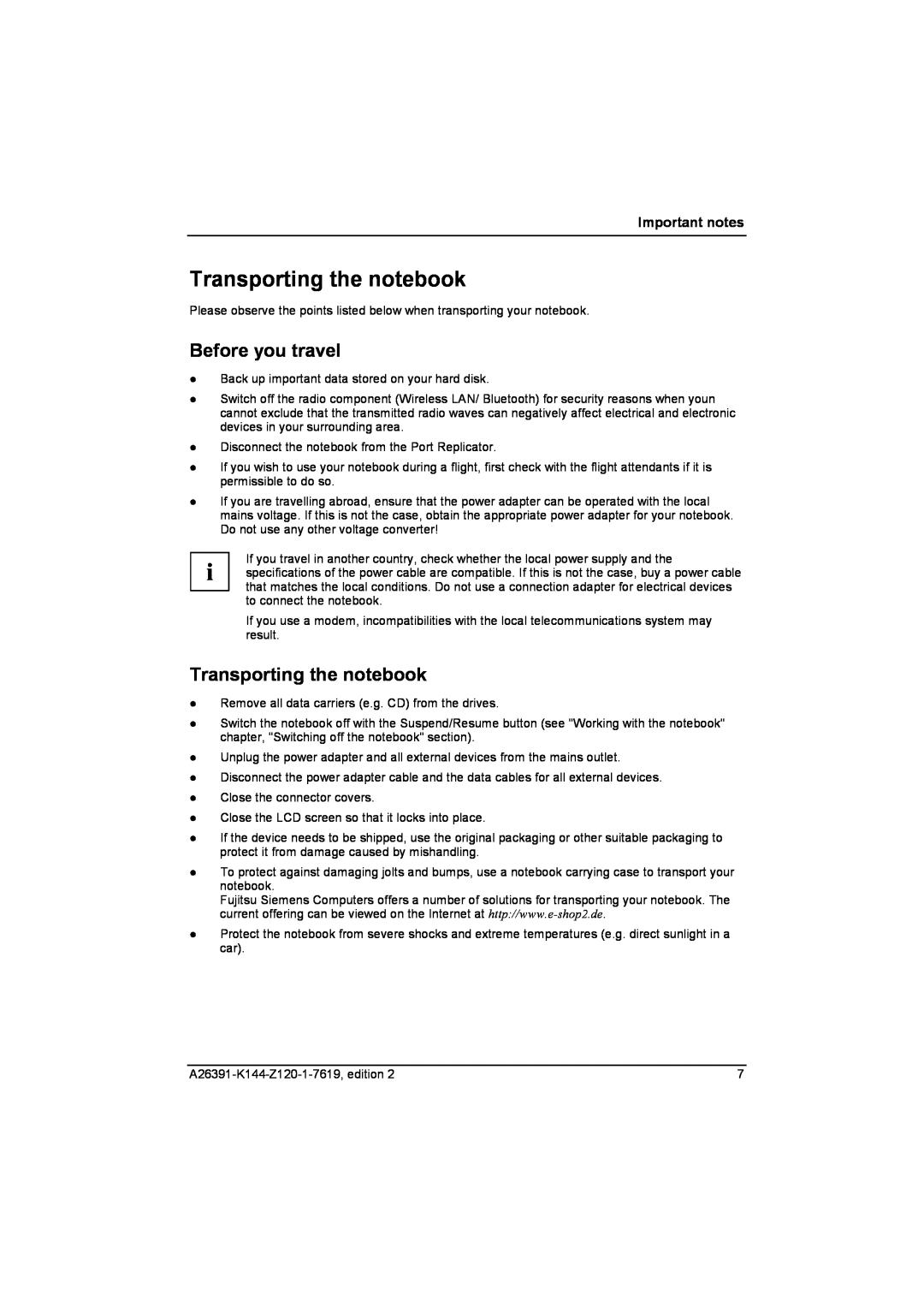 Fujitsu S SERIES manual Transporting the notebook, Before you travel, Important notes 