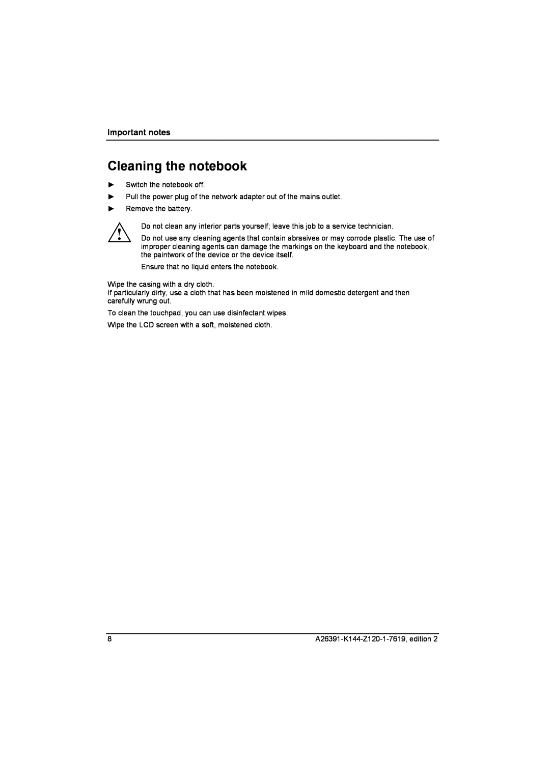 Fujitsu S SERIES manual Cleaning the notebook, Important notes 