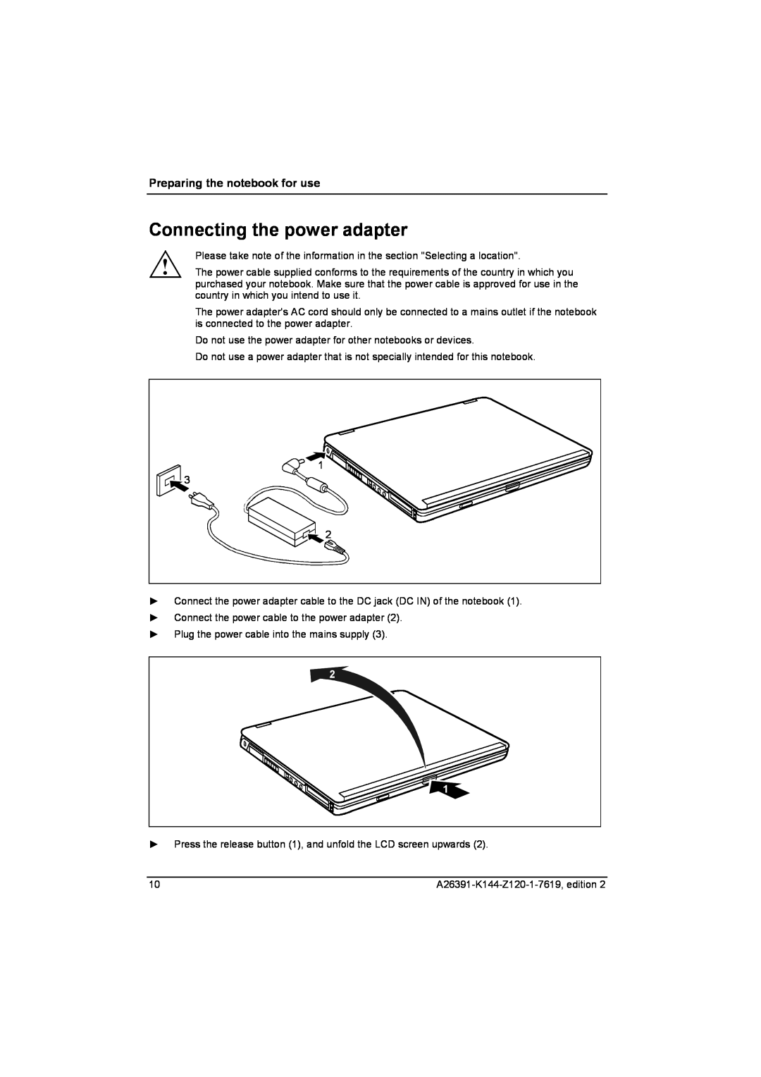 Fujitsu S SERIES manual Connecting the power adapter, Preparing the notebook for use 