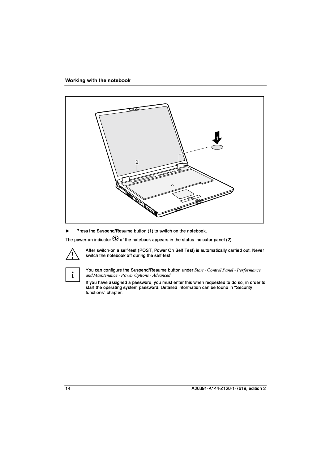 Fujitsu S SERIES manual Working with the notebook 