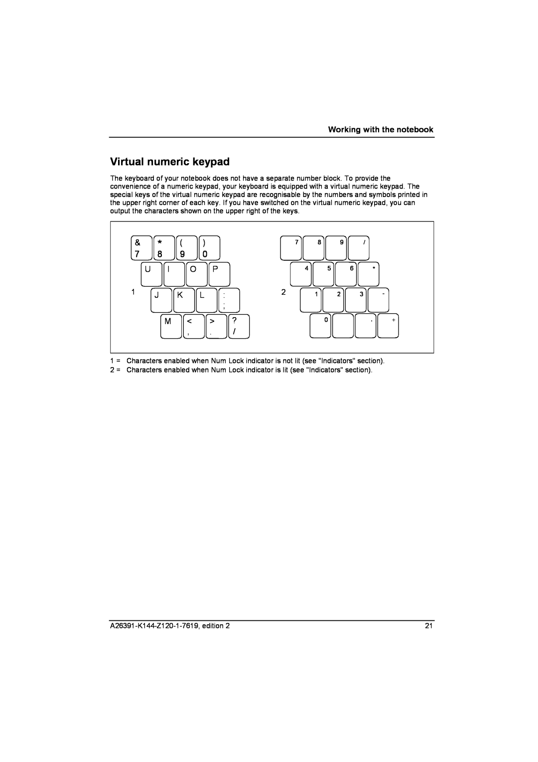 Fujitsu S SERIES manual Virtual numeric keypad, Working with the notebook 