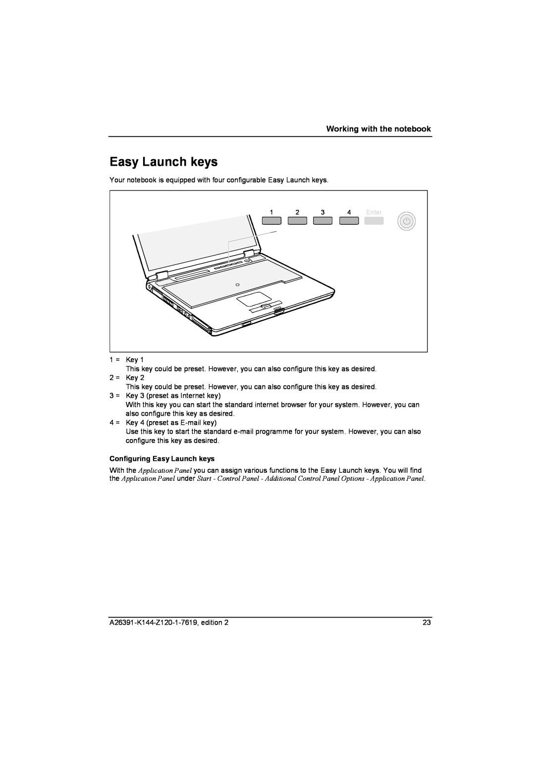 Fujitsu S SERIES manual Configuring Easy Launch keys, Working with the notebook 