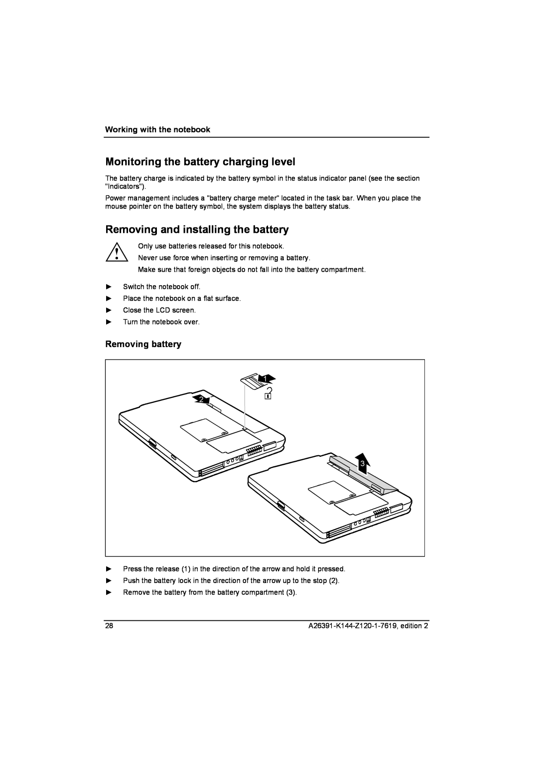 Fujitsu S SERIES manual Monitoring the battery charging level, Removing and installing the battery, Removing battery 