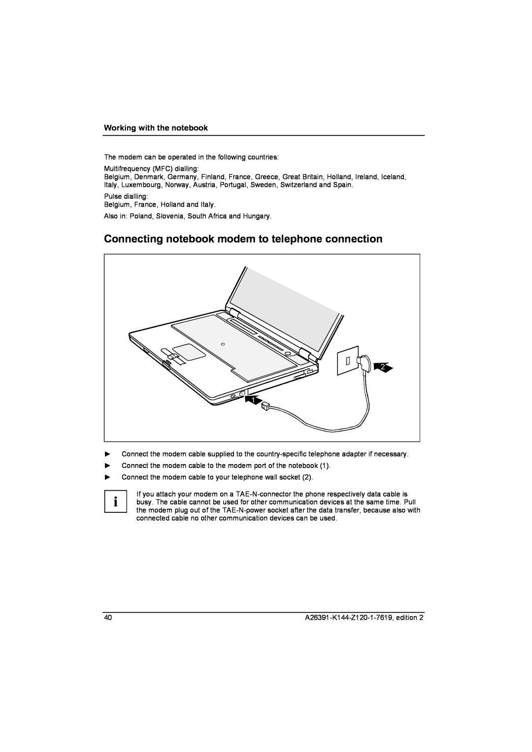 Fujitsu S SERIES manual Connecting notebook modem to telephone connection, Working with the notebook 