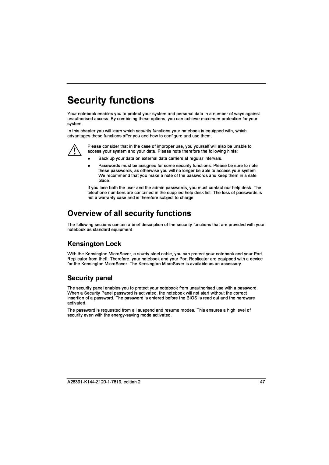 Fujitsu S SERIES manual Security functions, Overview of all security functions, Kensington Lock, Security panel 