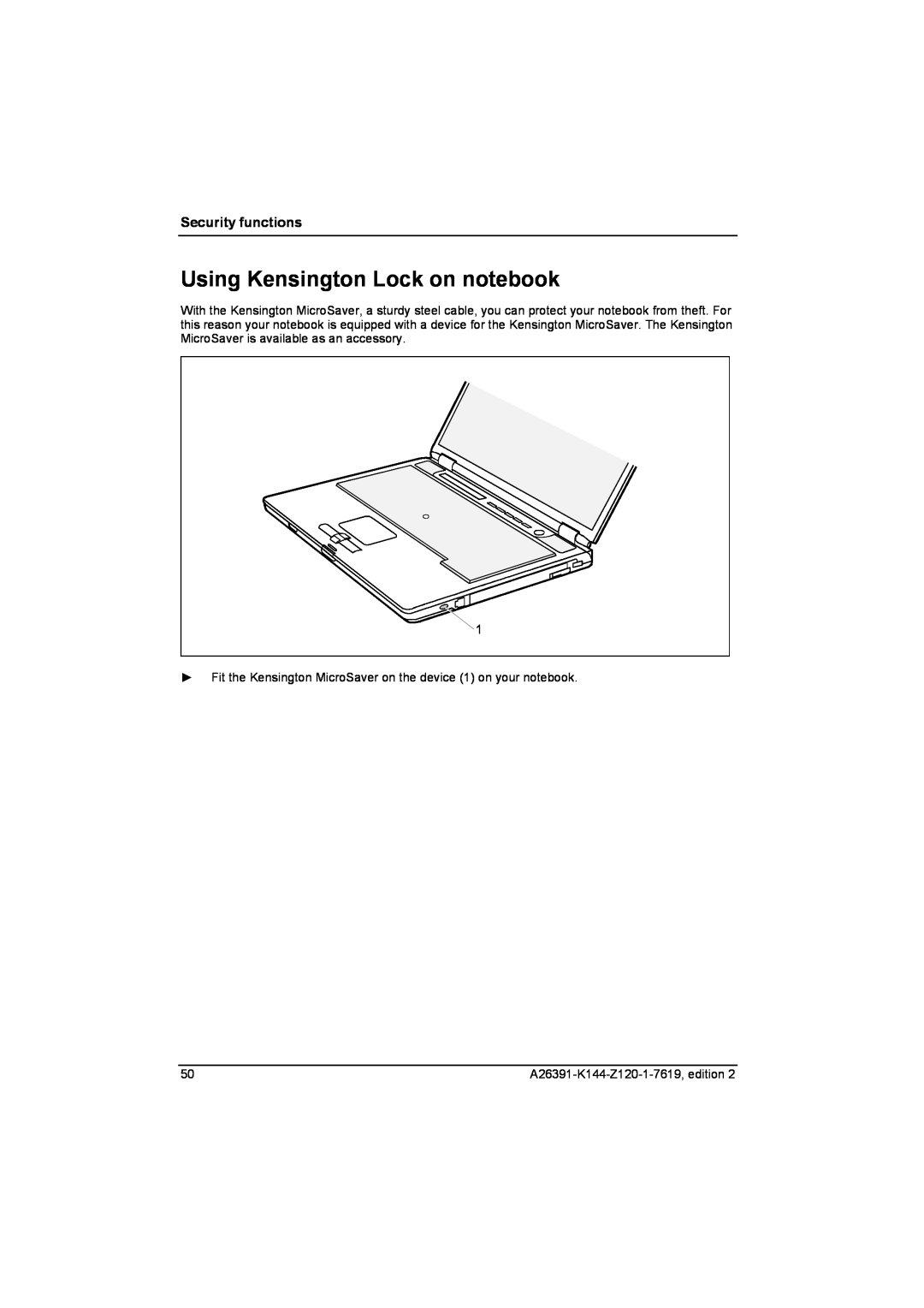 Fujitsu S SERIES manual Using Kensington Lock on notebook, Security functions, A26391-K144-Z120-1-7619, edition 