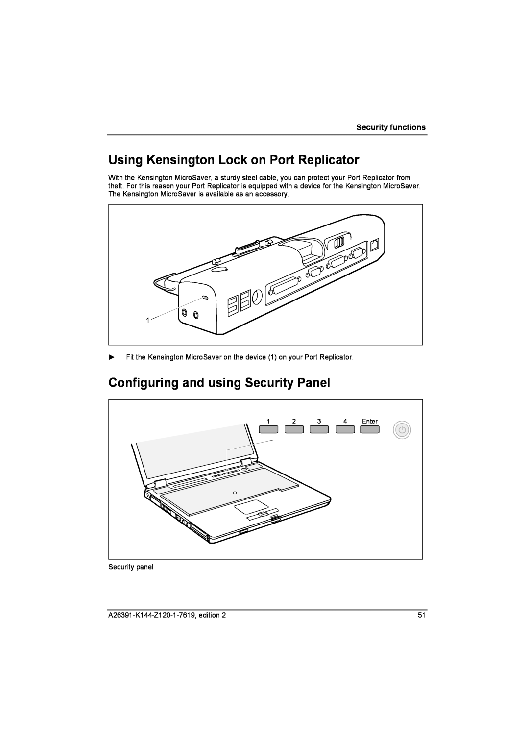 Fujitsu S SERIES Using Kensington Lock on Port Replicator, Configuring and using Security Panel, Security functions, Enter 