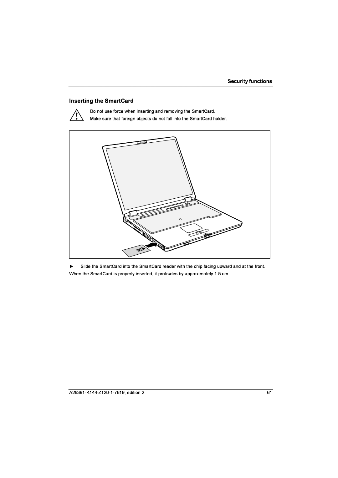 Fujitsu S SERIES manual Inserting the SmartCard, Security functions 
