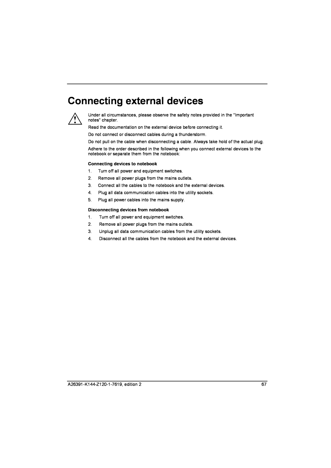 Fujitsu S SERIES manual Connecting external devices, Connecting devices to notebook, Disconnecting devices from notebook 