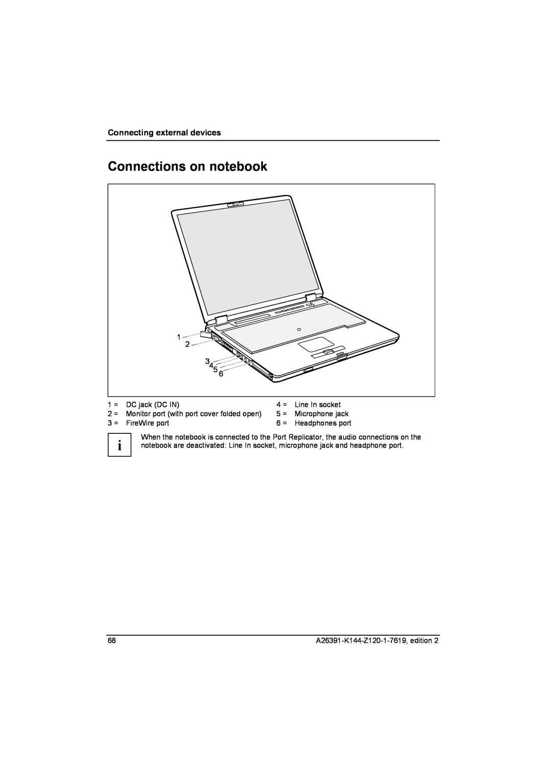 Fujitsu S SERIES Connections on notebook, Connecting external devices, Headphones port, A26391-K144-Z120-1-7619, edition 