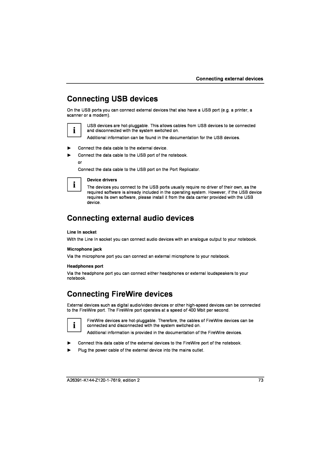 Fujitsu S SERIES Connecting USB devices, Connecting external audio devices, Connecting FireWire devices, Device drivers 