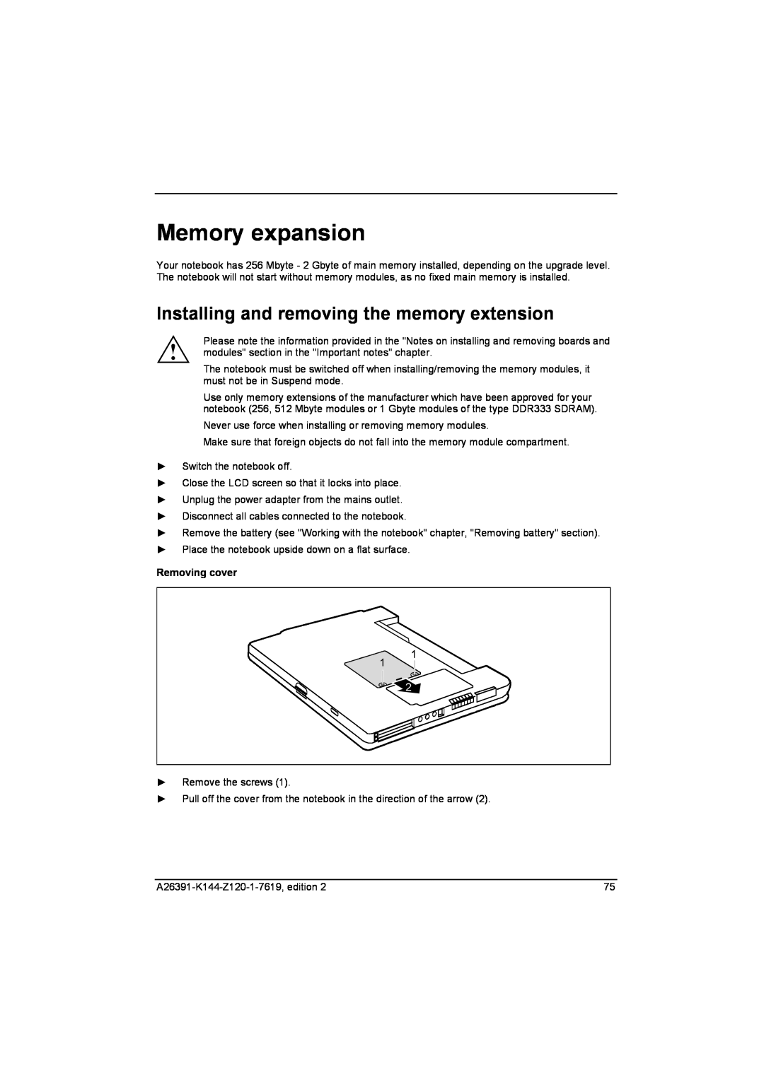 Fujitsu S SERIES manual Memory expansion, Installing and removing the memory extension, Removing cover 