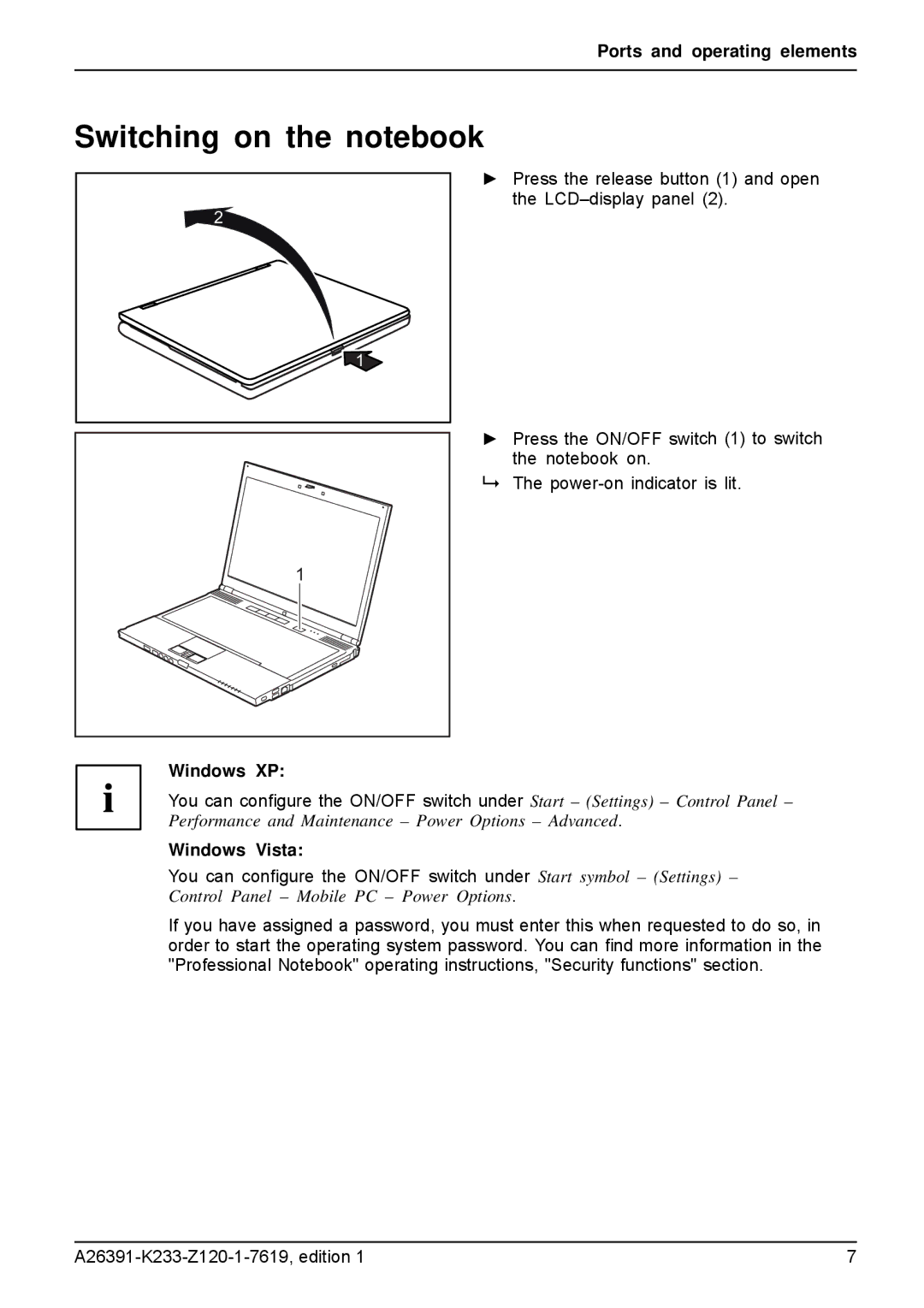 Fujitsu manual Switching on the notebook, Windows XP, Windows Vista 