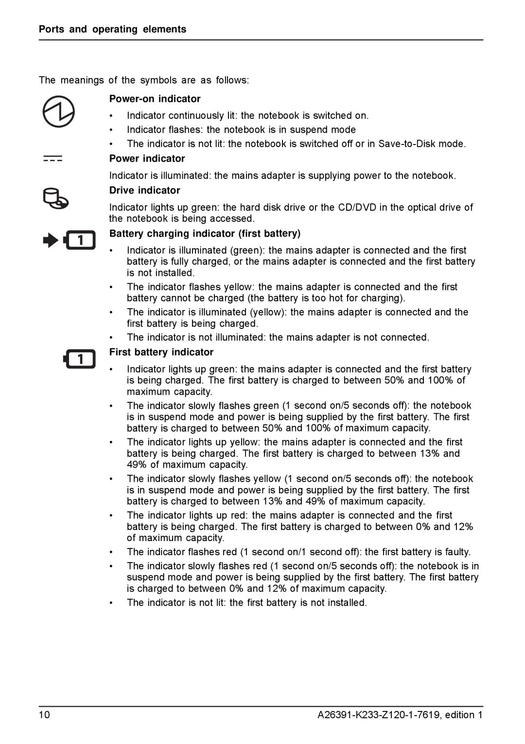 Fujitsu S manual Power-on indicator, Power indicator, Drive indicator, Battery charging indicator ﬁrst battery 