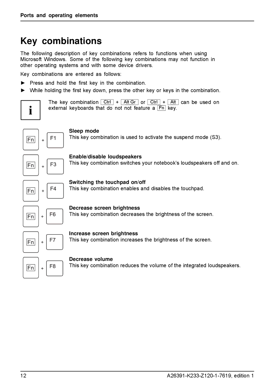 Fujitsu S manual Key combinations 