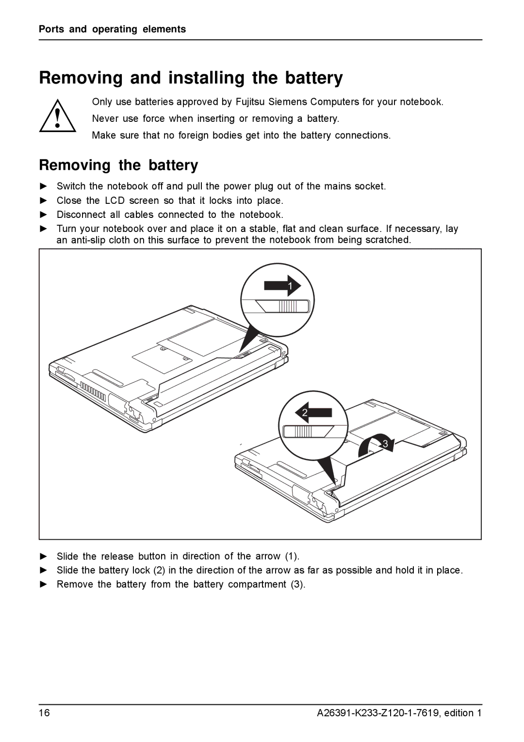 Fujitsu S manual Removing and installing the battery, Removing the battery 