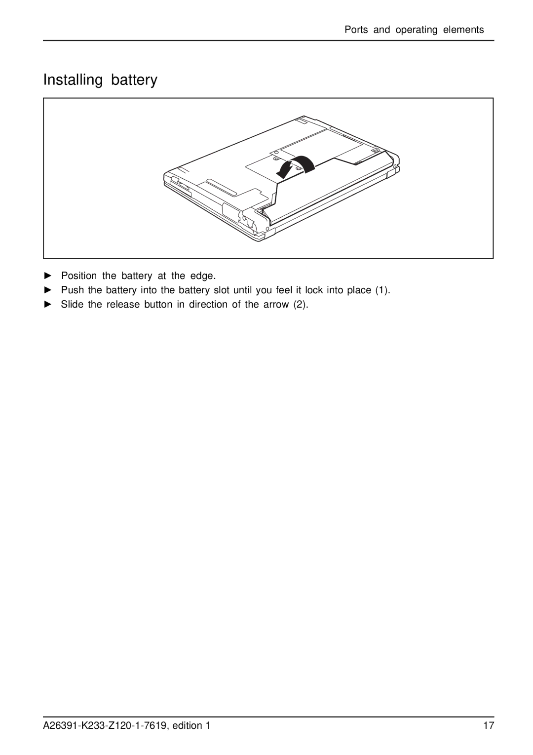 Fujitsu S manual Installing battery 