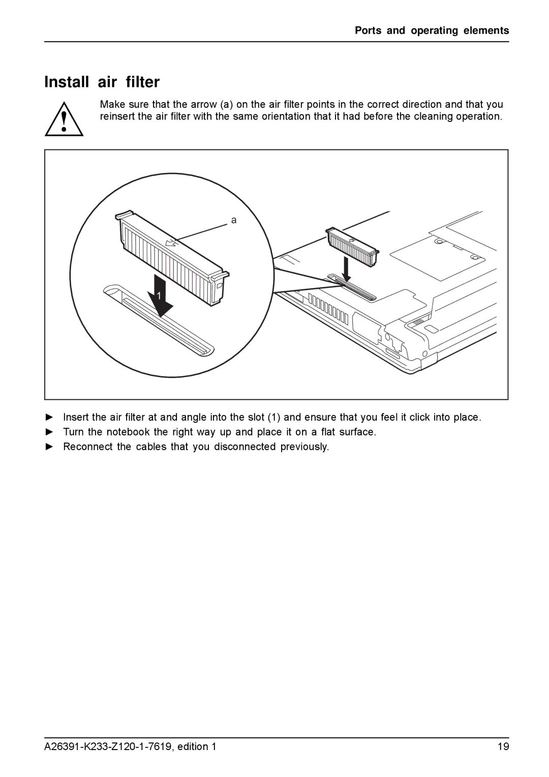 Fujitsu S manual Install air ﬁlter 