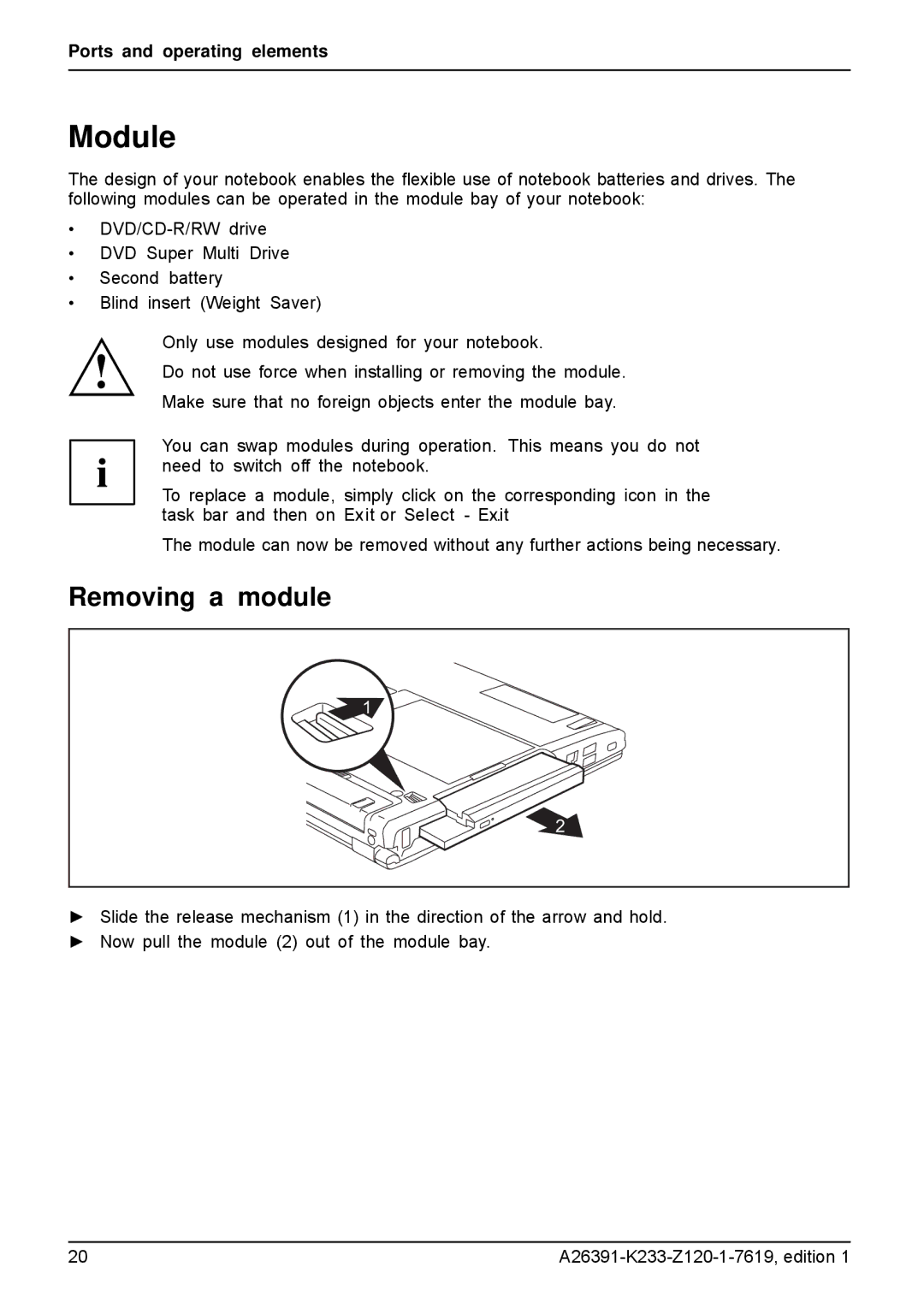 Fujitsu S manual Module, Removing a module 