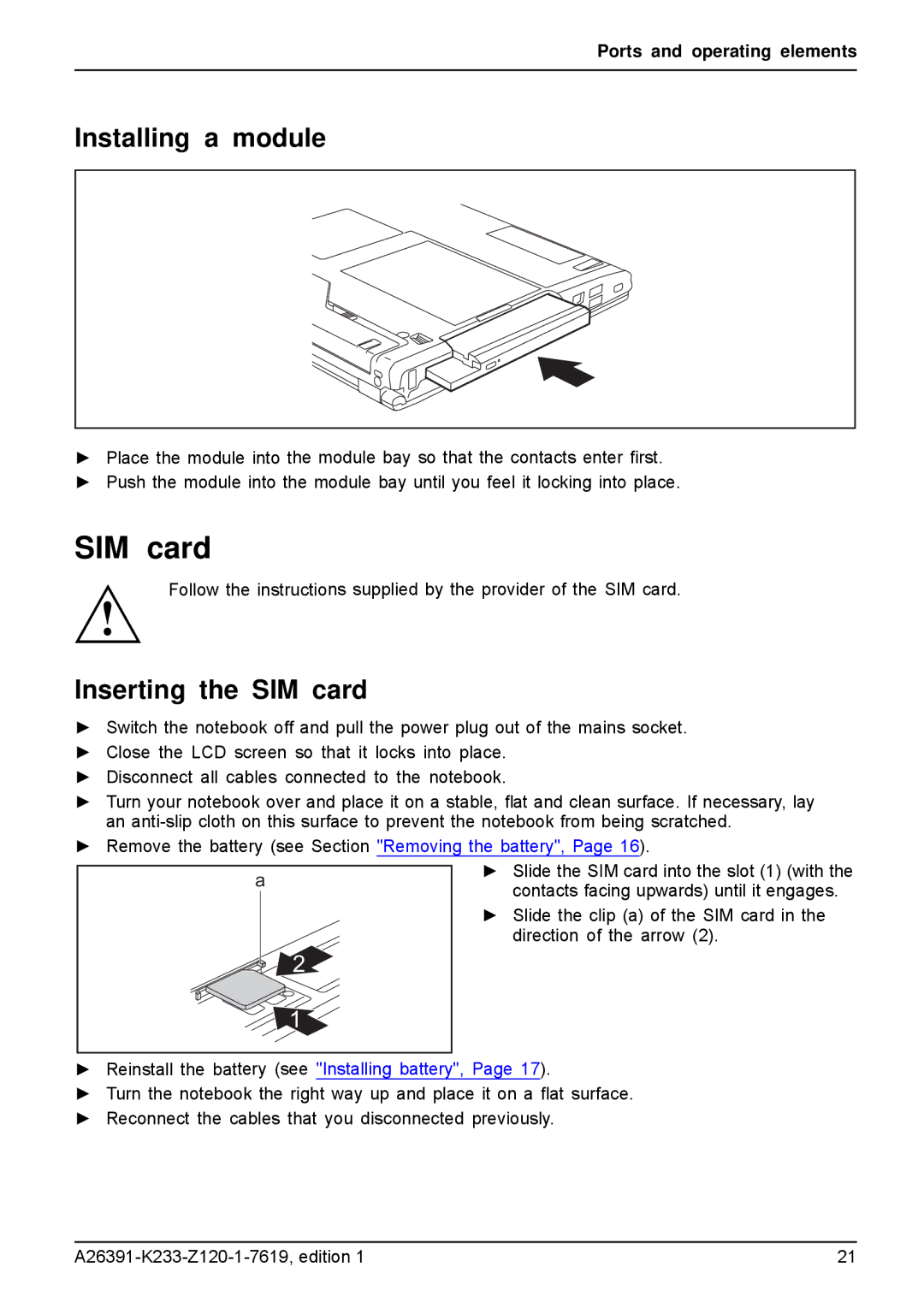 Fujitsu manual Installing a module, Inserting the SIM card 