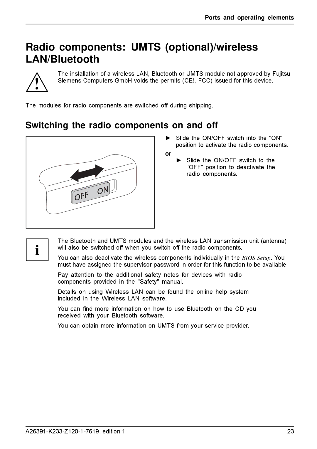 Fujitsu manual Radio components Umts optional/wireless LAN/Bluetooth, Switching the radio components on and off 