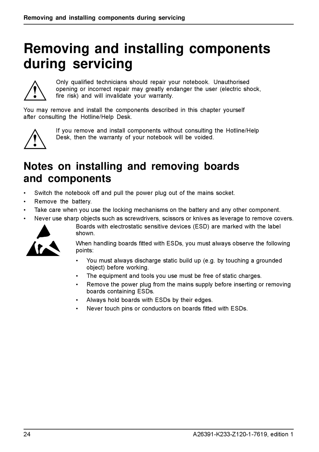 Fujitsu S manual Removing and installing components during servicing 