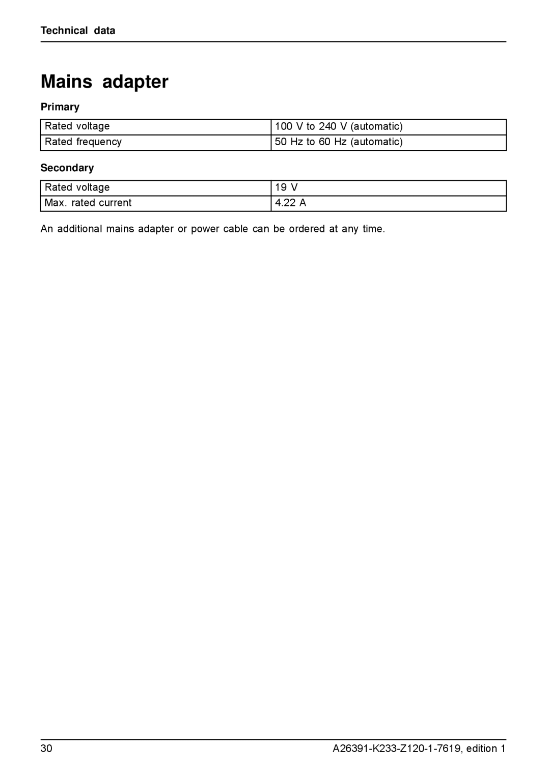 Fujitsu manual Mains adapter, Primary, Secondary 