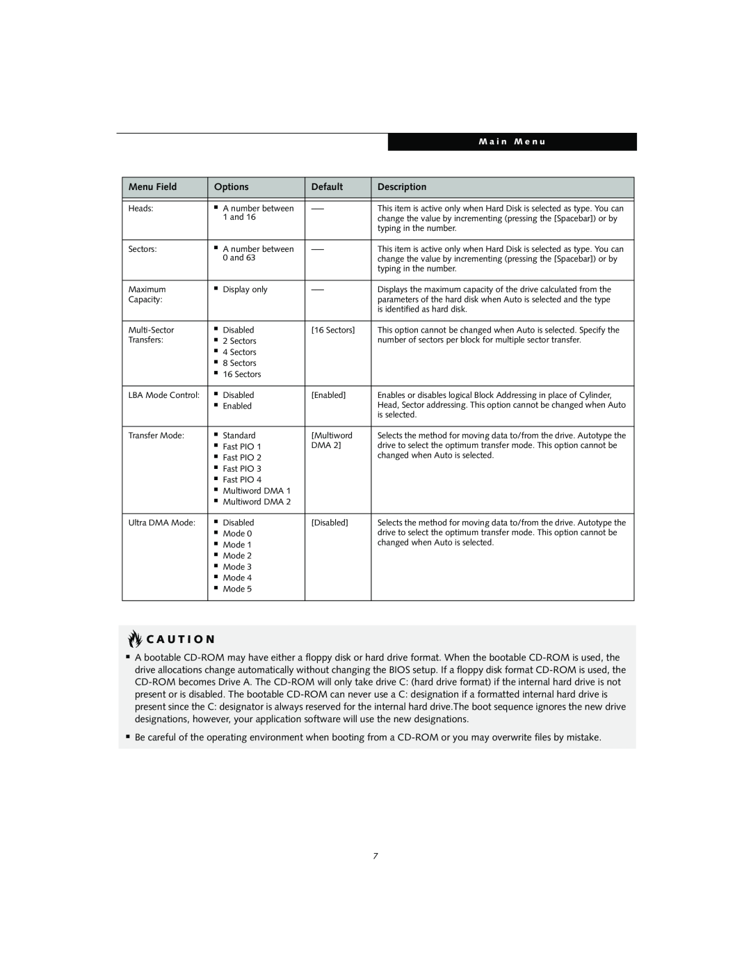 Fujitsu S2010 manual C A U T I O N, Menu Field, Options, Default, Description 