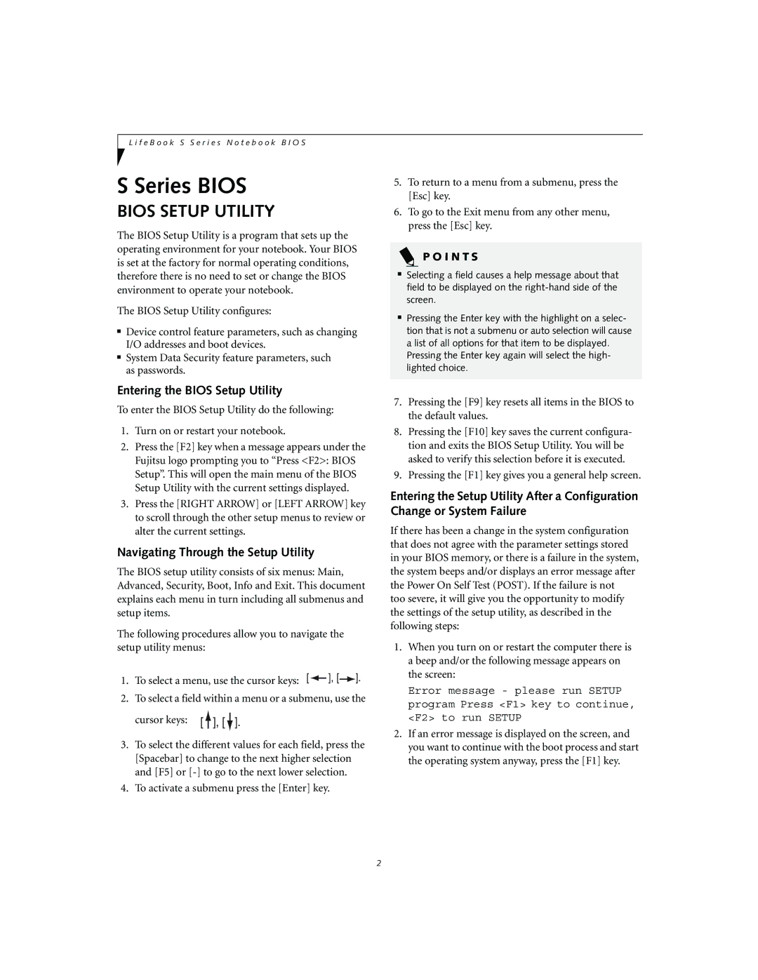 Fujitsu S2010 manual Entering the Bios Setup Utility, Navigating Through the Setup Utility 