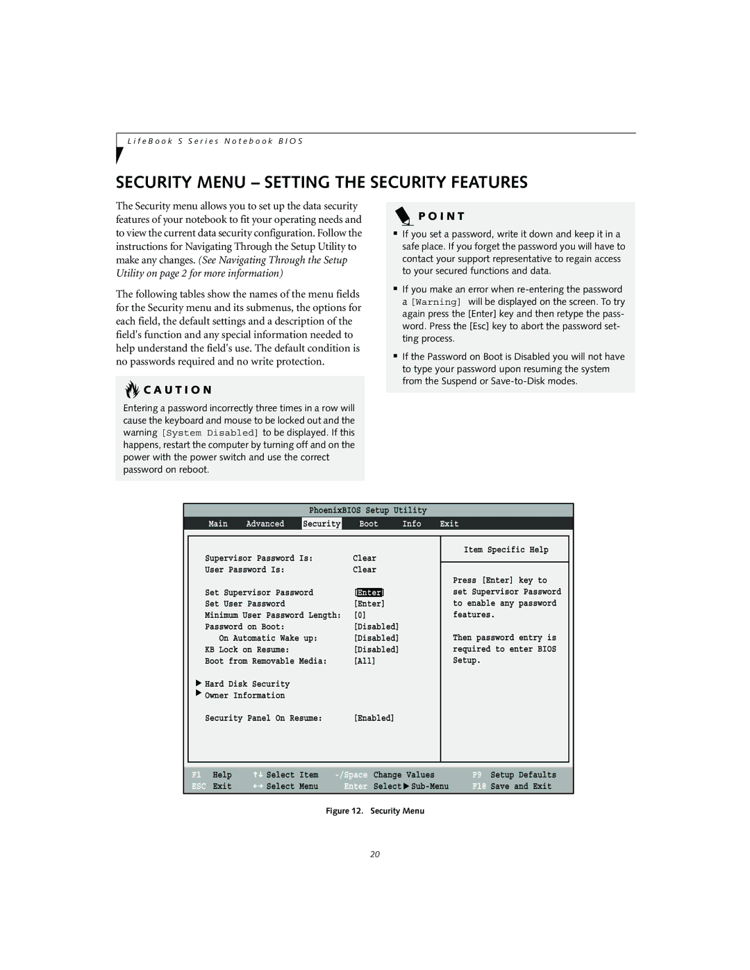 Fujitsu S2010 manual Security Menu Setting the Security Features, Boot Info Exit 