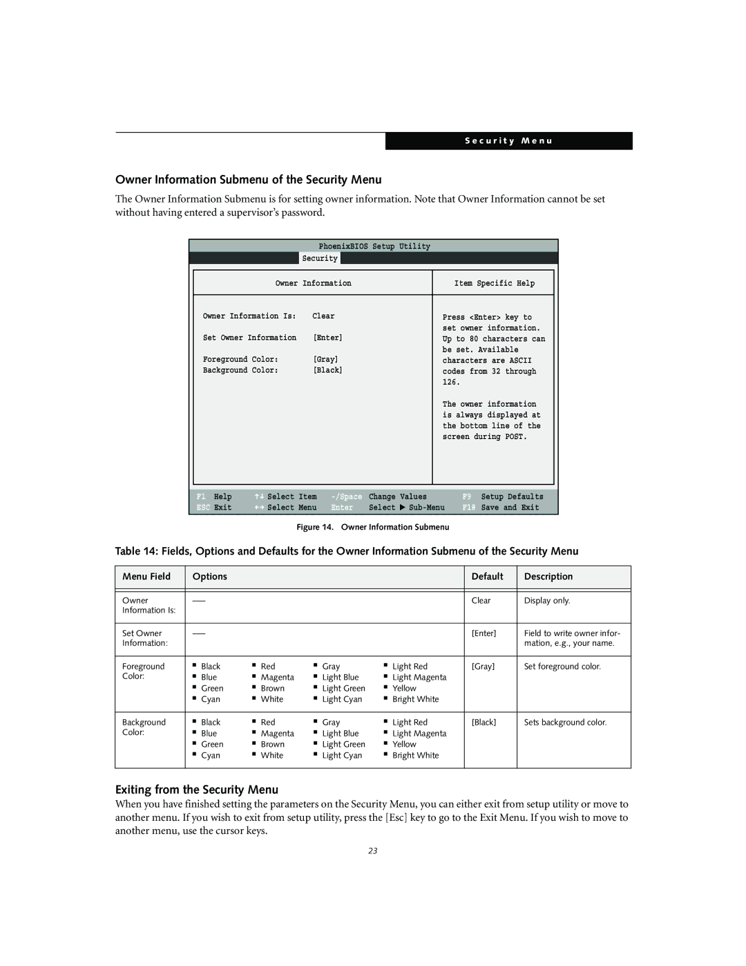 Fujitsu S2010 manual Owner Information Submenu of the Security Menu, Exiting from the Security Menu 