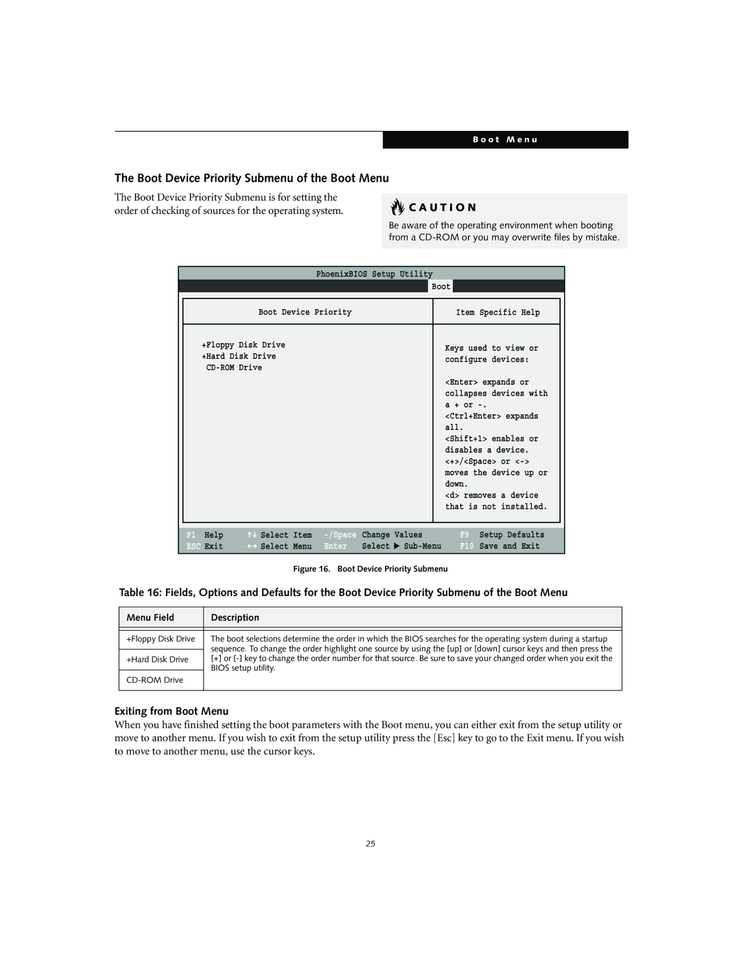 Fujitsu S2010 manual Boot Device Priority Submenu of the Boot Menu, Exiting from Boot Menu 