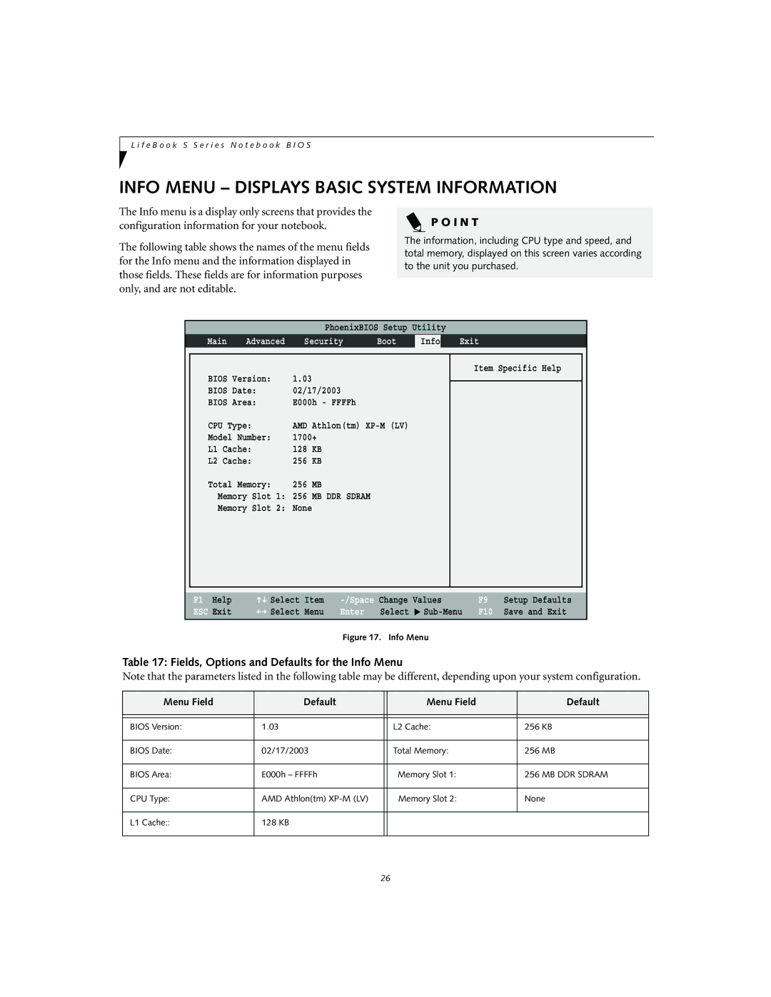 Fujitsu S2010 manual Info Menu Displays Basic System Information, Fields, Options and Defaults for the Info Menu 