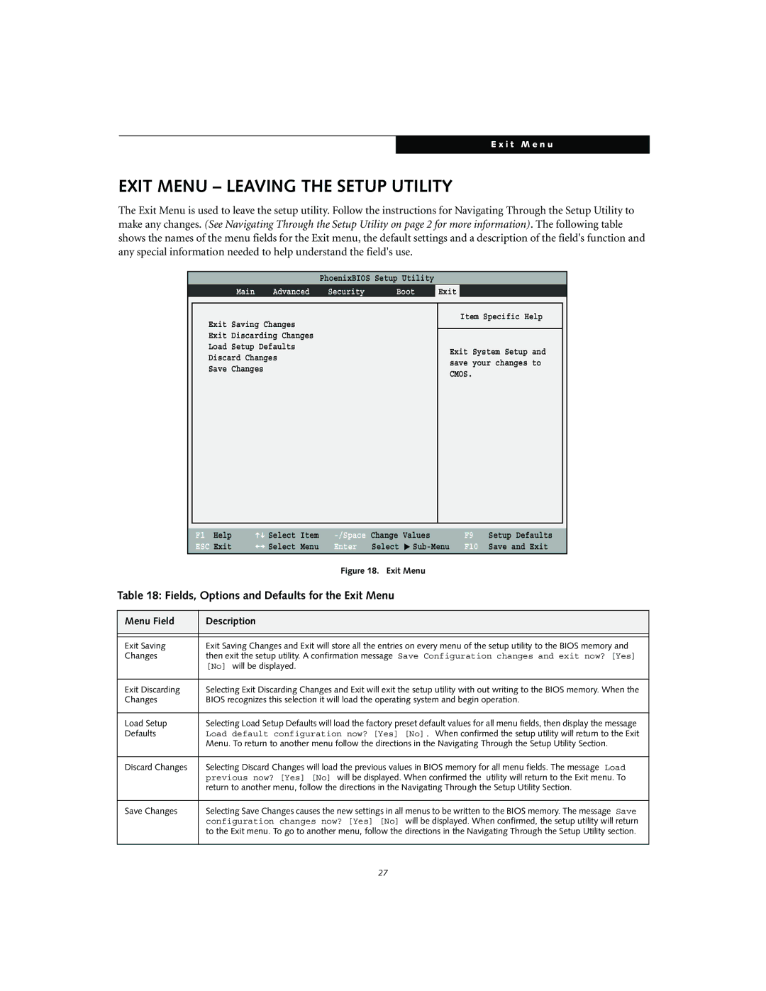 Fujitsu S2010 manual Exit Menu Leaving the Setup Utility, Fields, Options and Defaults for the Exit Menu, Exit Saving 