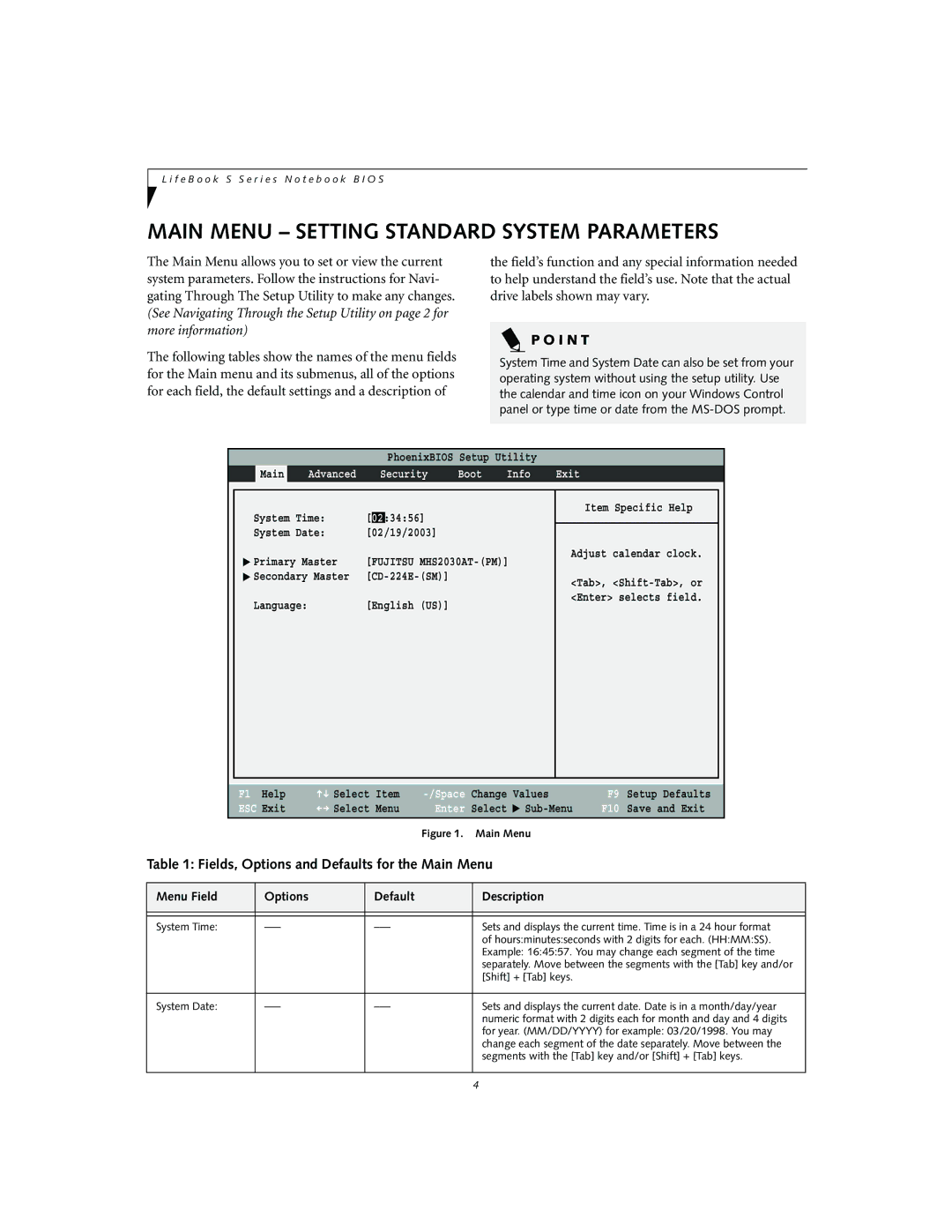 Fujitsu S2010 manual Main Menu Setting Standard System Parameters, Fields, Options and Defaults for the Main Menu 