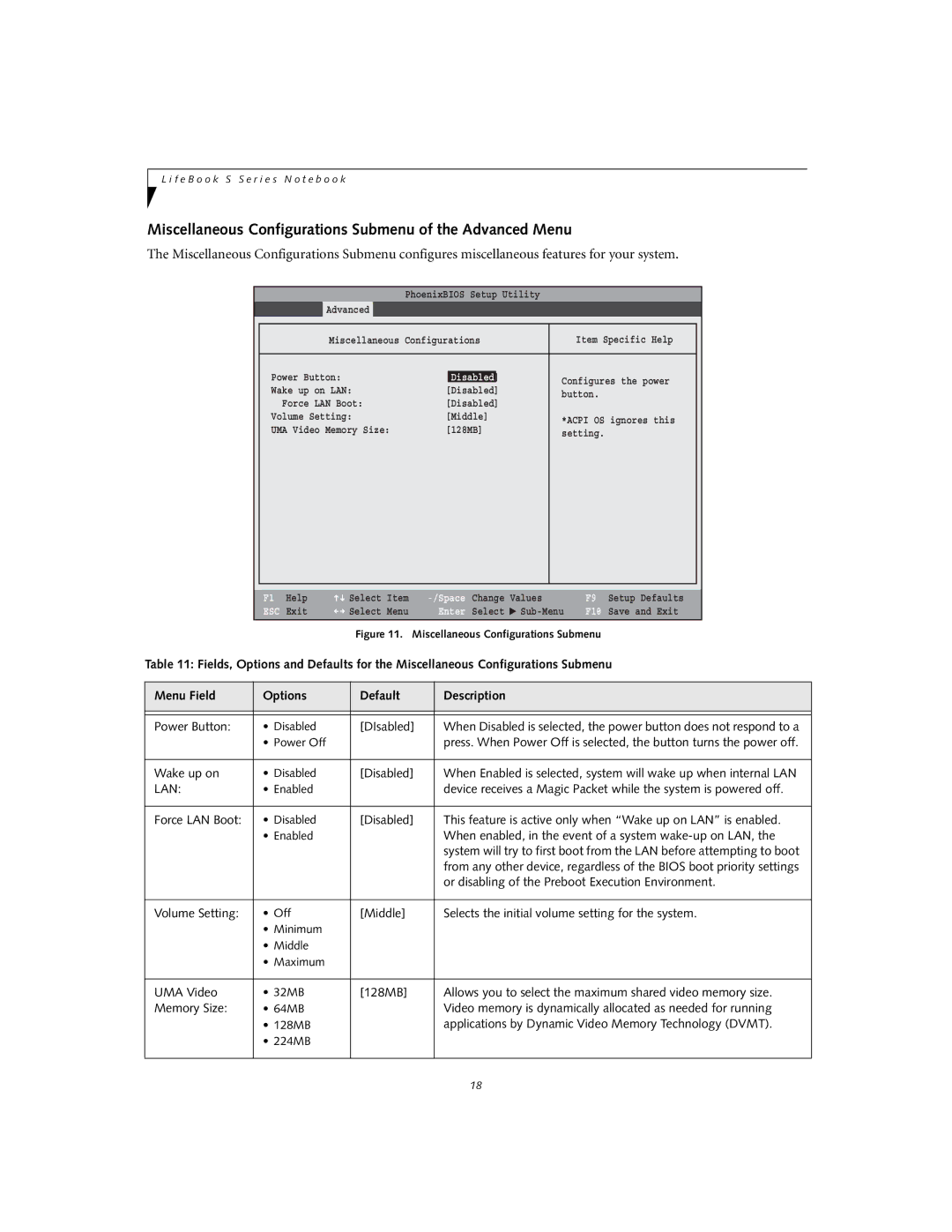 Fujitsu S2210 manual Miscellaneous Configurations Submenu of the Advanced Menu 